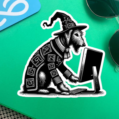 Punk Rock Irish Wolfhound on Computer Sticker, Cyberpunk Dog with Tech Sticker, Weirdcore Weird Stuff, Original Steampunk Art Unique Gift