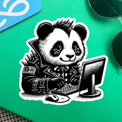 Punk Rock Panda on Computer Sticker, Cyberpunk Bear with Tech Sticker, Weirdcore Weird Stuff, Original Steampunk Art Unique Gift
