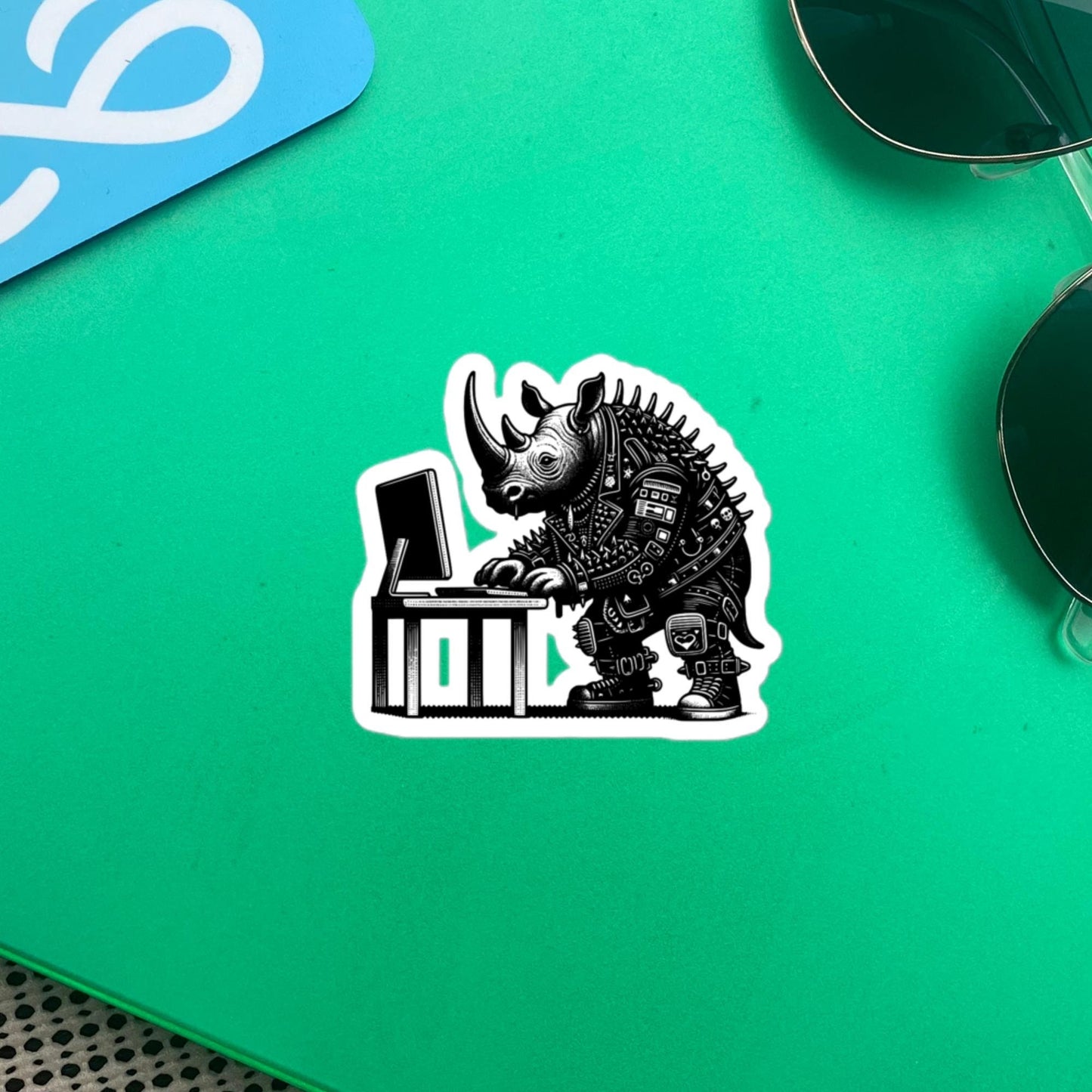 Punk Rock Rhino on Computer Sticker, Cyberpunk Rhinoceros with Tech Sticker, Weirdcore Weird Stuff, Original Steampunk Warcore Art