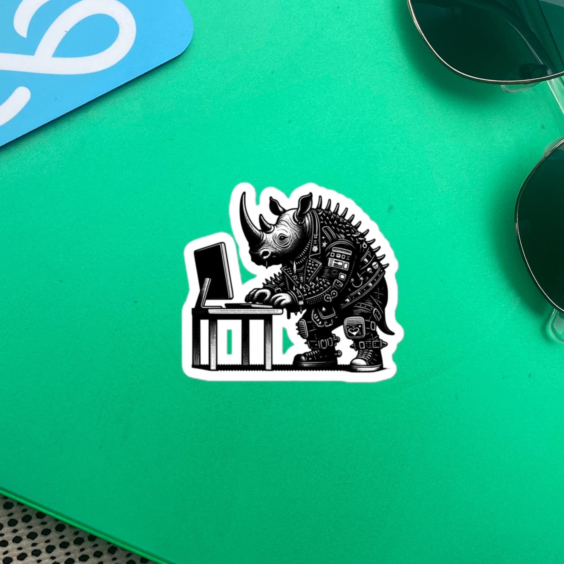 Punk Rock Rhino on Computer Sticker, Cyberpunk Rhinoceros with Tech Sticker, Weirdcore Weird Stuff, Original Steampunk Warcore Art