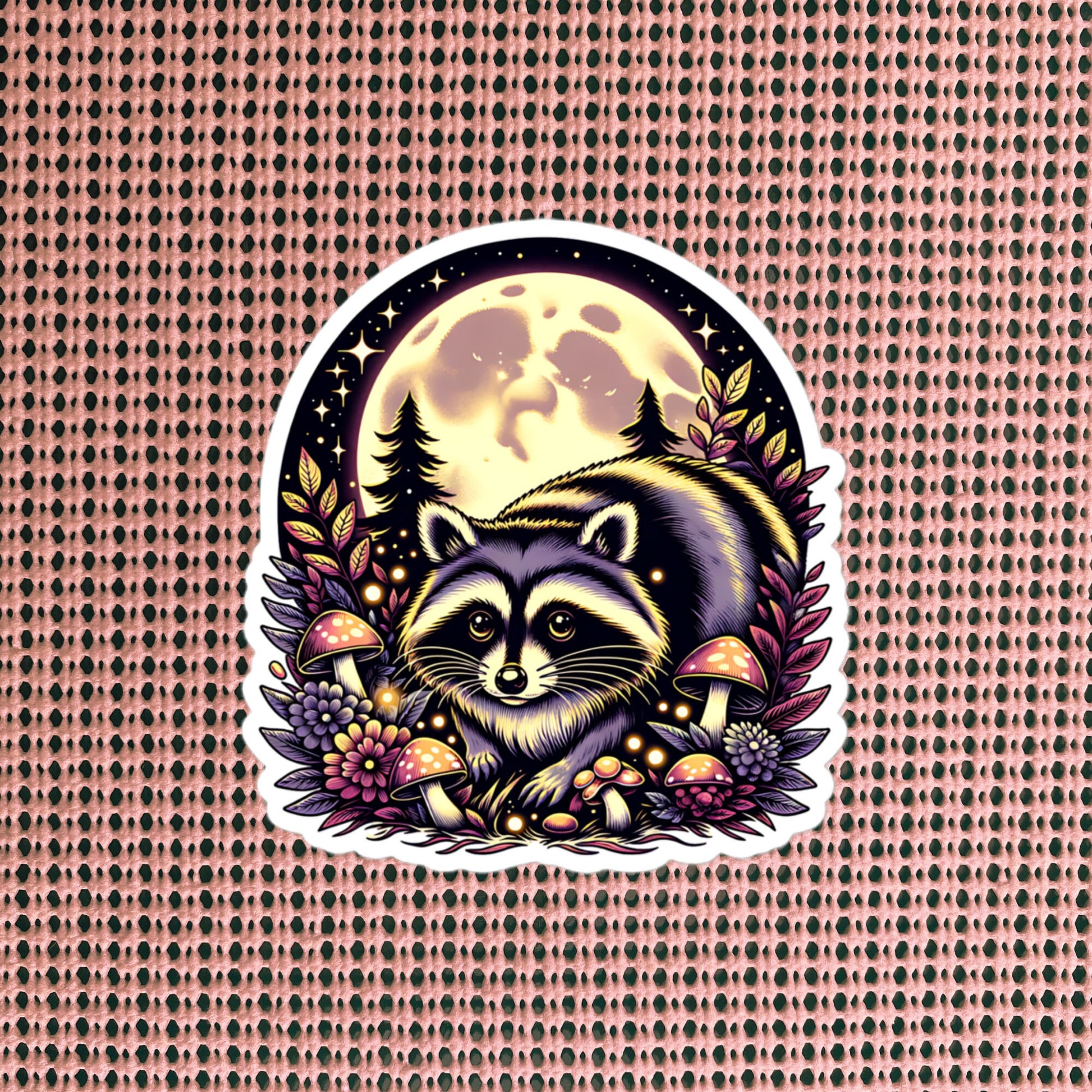 Cute Chubby Resting Raccoon in Mushrooms Under Moon Whimsigoth Dreamcore Vinyl Sticker