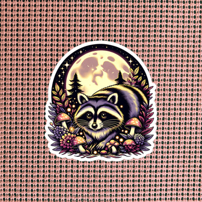 Cute Chubby Resting Raccoon in Mushrooms Under Moon Whimsigoth Dreamcore Vinyl Sticker