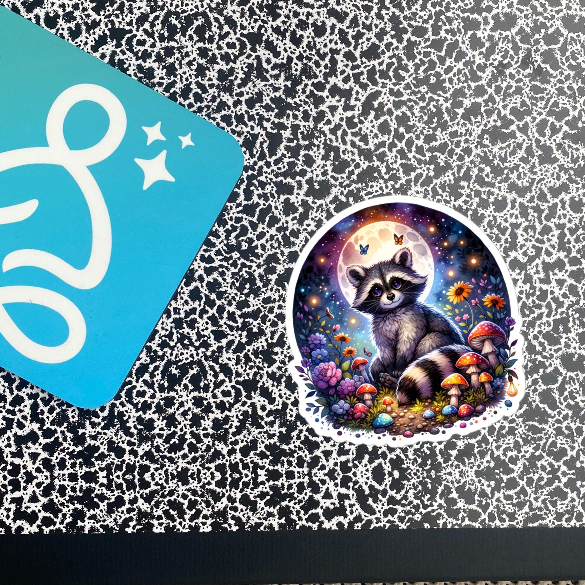 Whimsical Goth Cute Big Eyed Raccoon Forestcore Moonlight Mushroom Original Art Vinyl Sticker