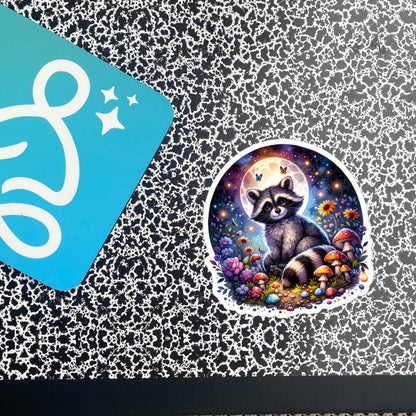Whimsical Goth Cute Big Eyed Raccoon Forestcore Moonlight Mushroom Original Art Vinyl Sticker