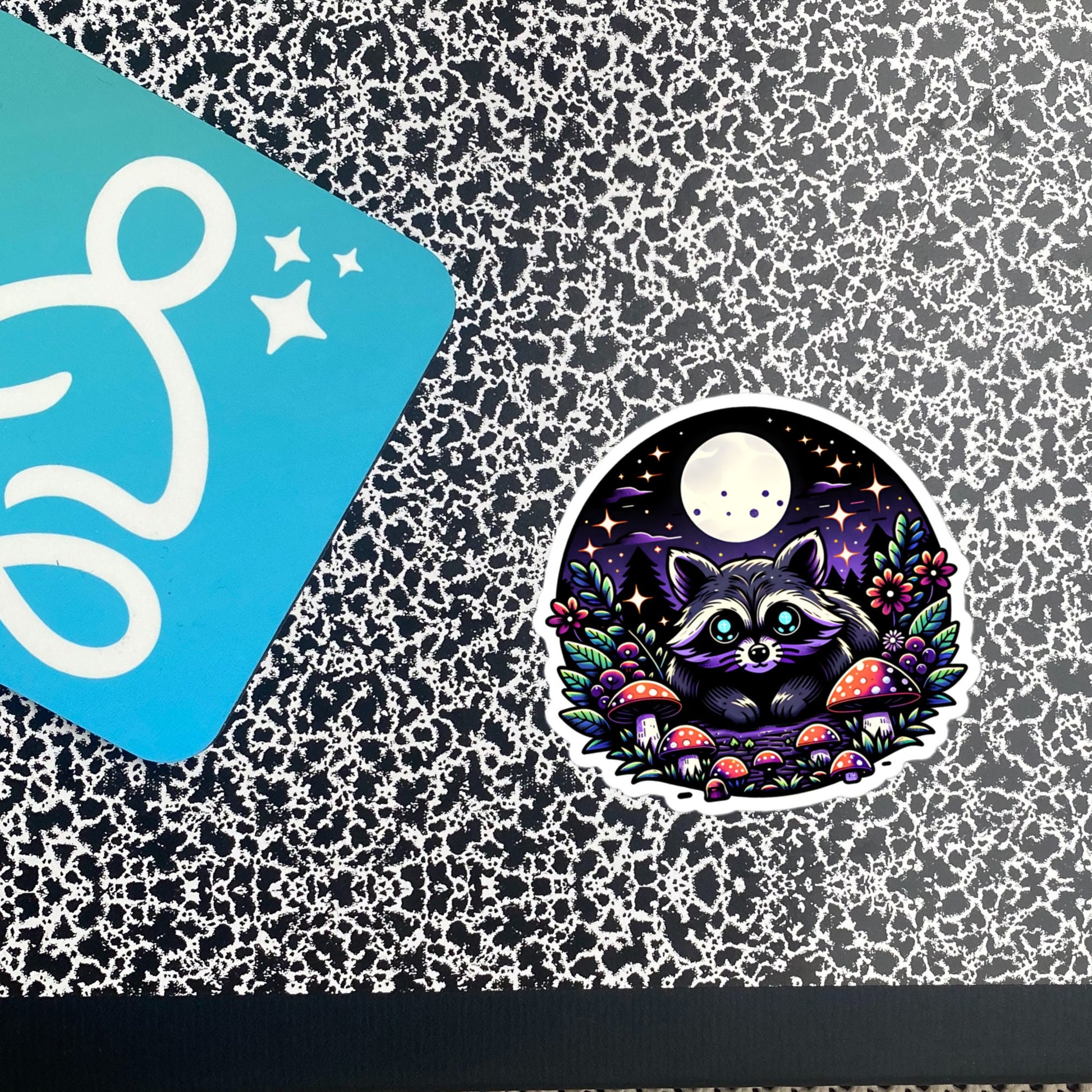 Cute Whimsigoth Raccoon Under Moonlight in Mushrooms Vinyl Sticker Original Art