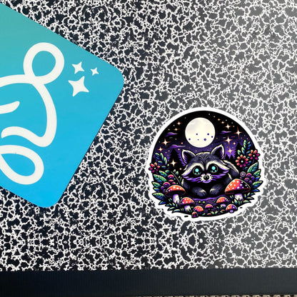 Cute Whimsigoth Raccoon Under Moonlight in Mushrooms Vinyl Sticker Original Art