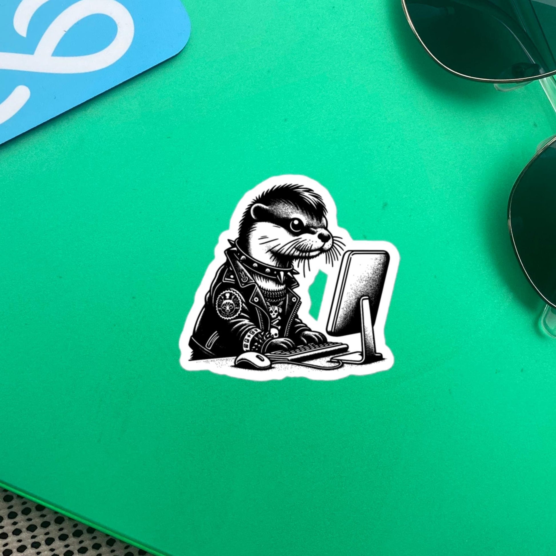 Punk Rock Otter on Computer Sticker, Cyberpunk Otter with Tech Sticker, Weirdcore Weird Stuff, Original Steampunk Warcore Art