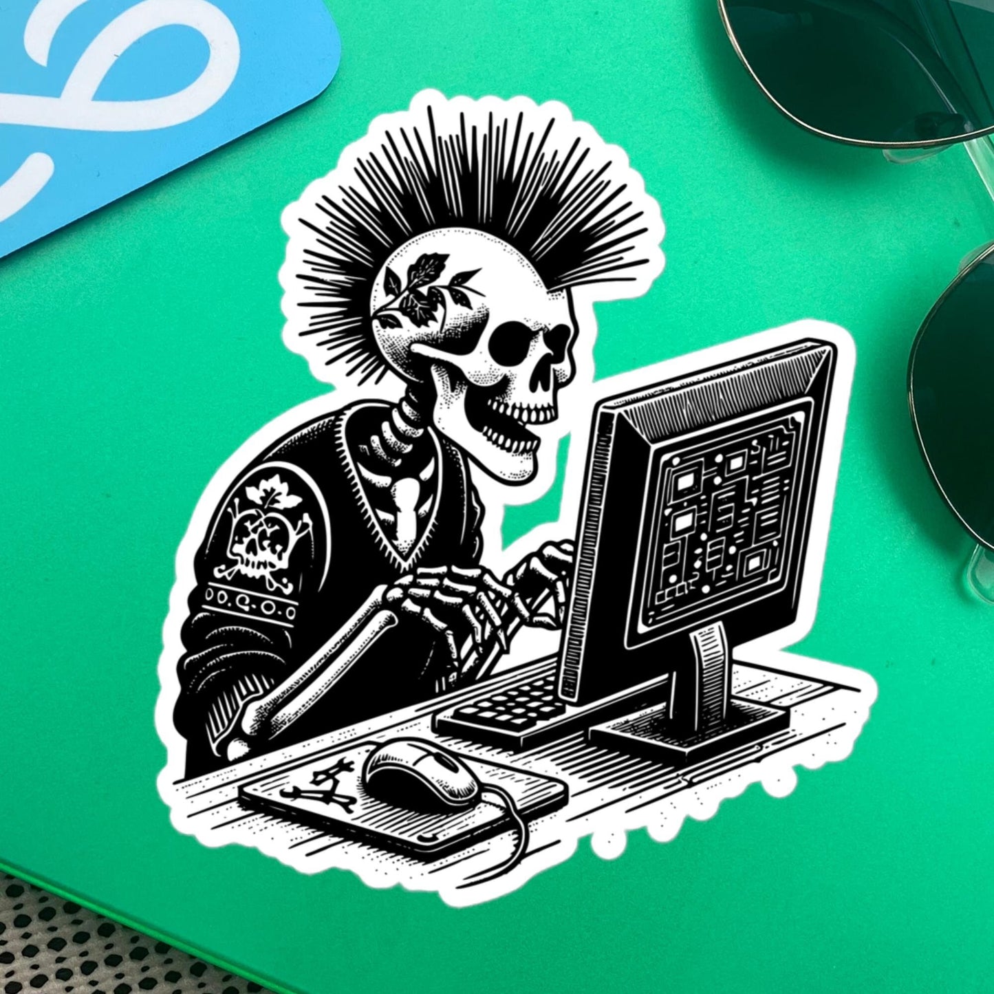 Punk Rock Skeleton on Computer Sticker, Cyberpunk Skeleton with Tech Sticker, Weirdcore Weird Stuff, Original Steampunk Warcore Art