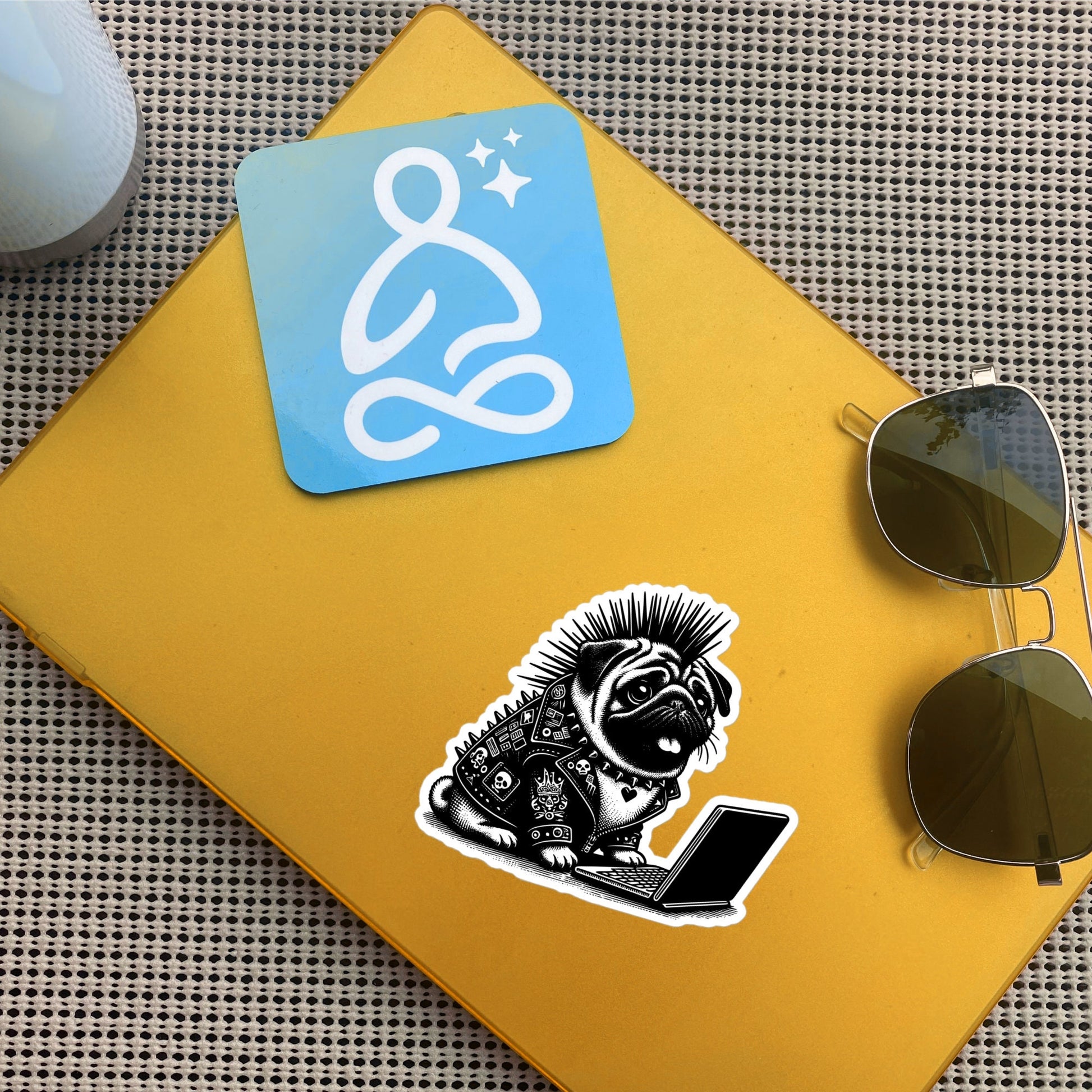 Punk Rock Pug on Computer Sticker, Cyberpunk Dog with Tech Sticker, Weirdcore Weird Stuff, Original Steampunk Warcore Art