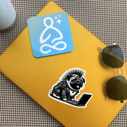 Punk Rock Pug on Computer Sticker, Cyberpunk Dog with Tech Sticker, Weirdcore Weird Stuff, Original Steampunk Warcore Art