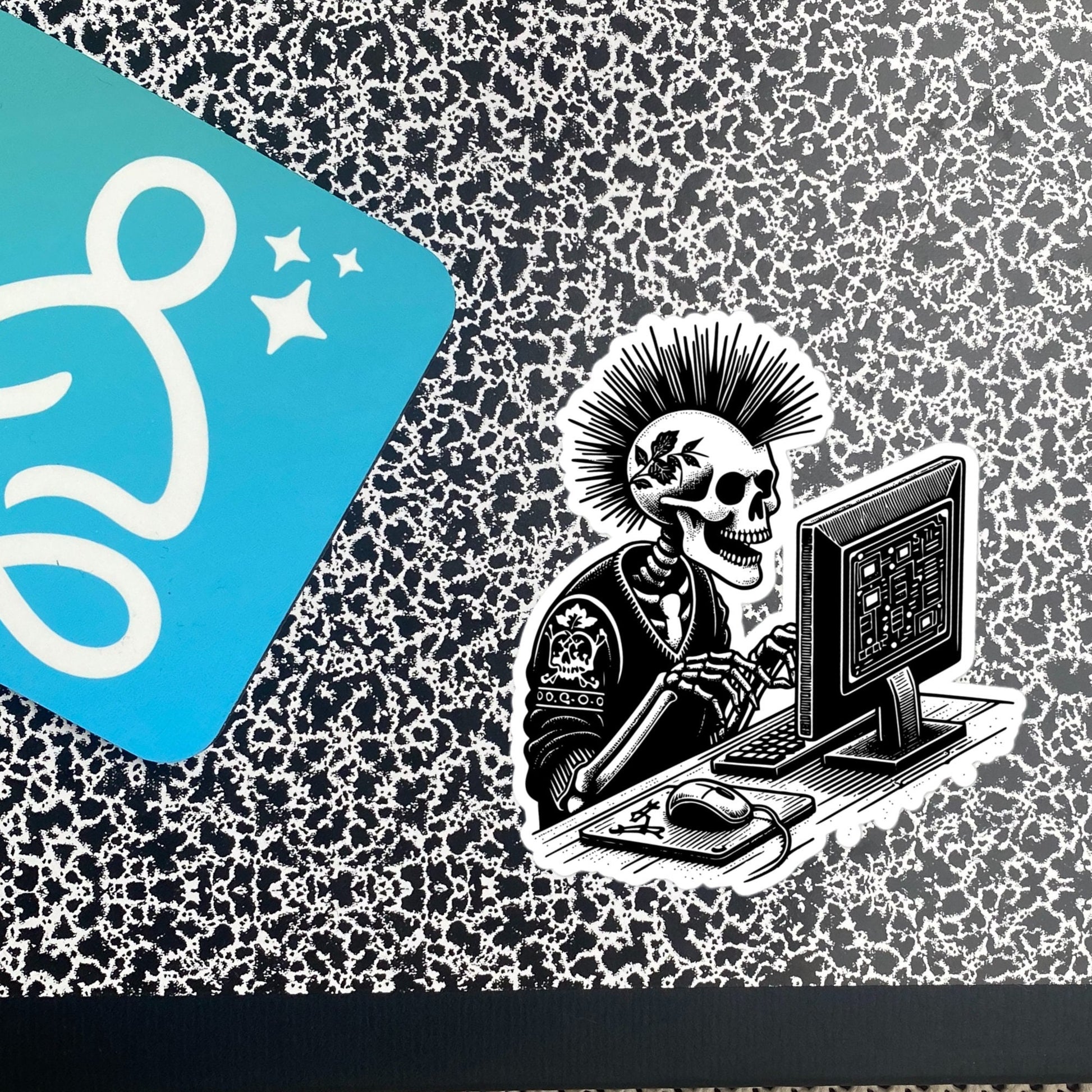 Punk Rock Skeleton on Computer Sticker, Cyberpunk Skeleton with Tech Sticker, Weirdcore Weird Stuff, Original Steampunk Warcore Art