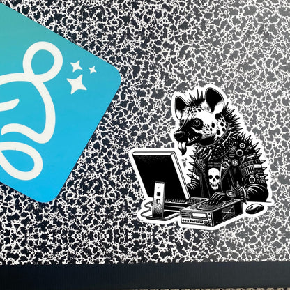 Punk Rock Hyena on Computer Sticker, Cyberpunk Hyena with Tech Sticker, Weirdcore Weird Stuff, Original Steampunk Warcore Art