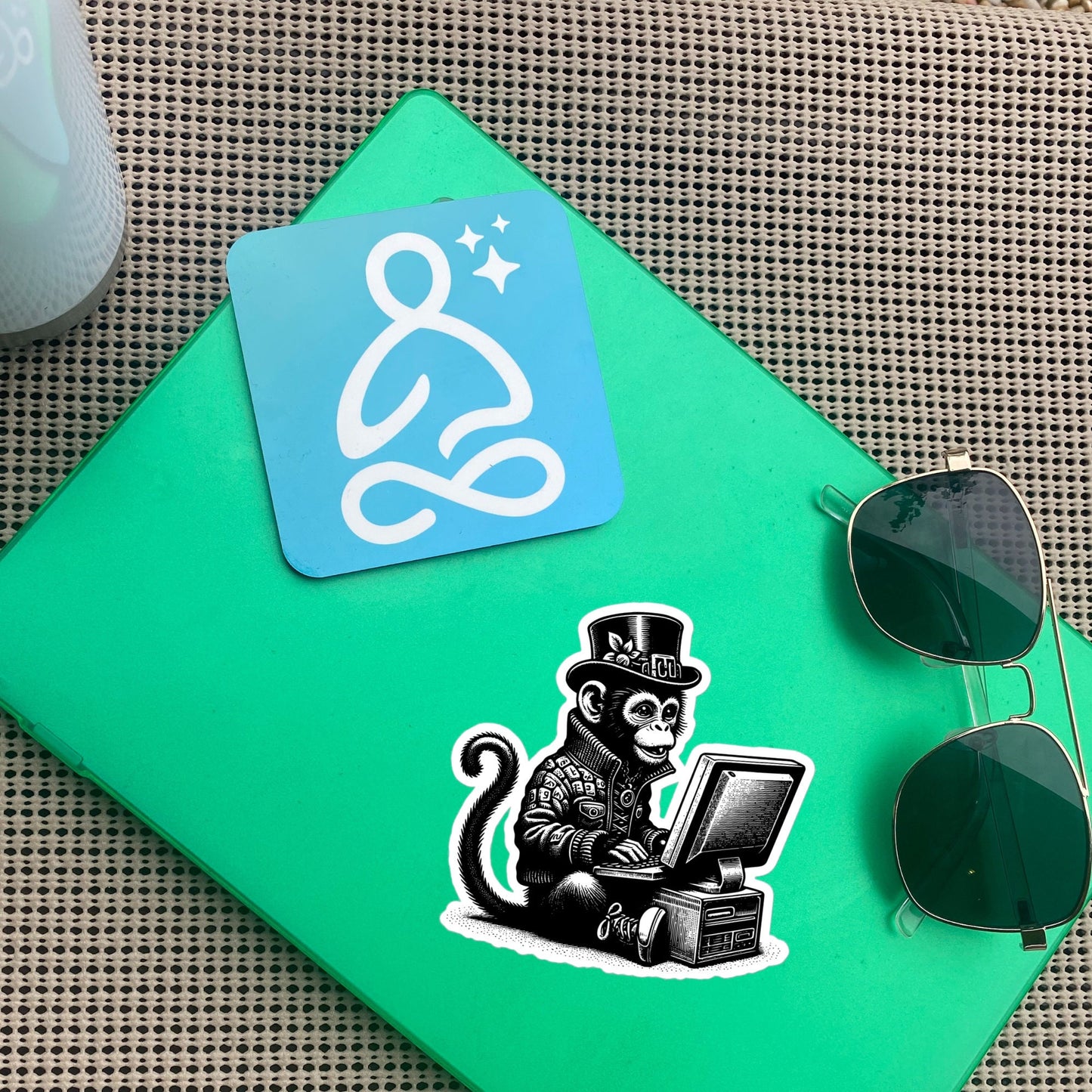 Punk Rock Monkey on Computer Sticker, Cyberpunk Chimp with Tech Sticker, Weirdcore Weird Stuff, Original Steampunk Art Unique Gift