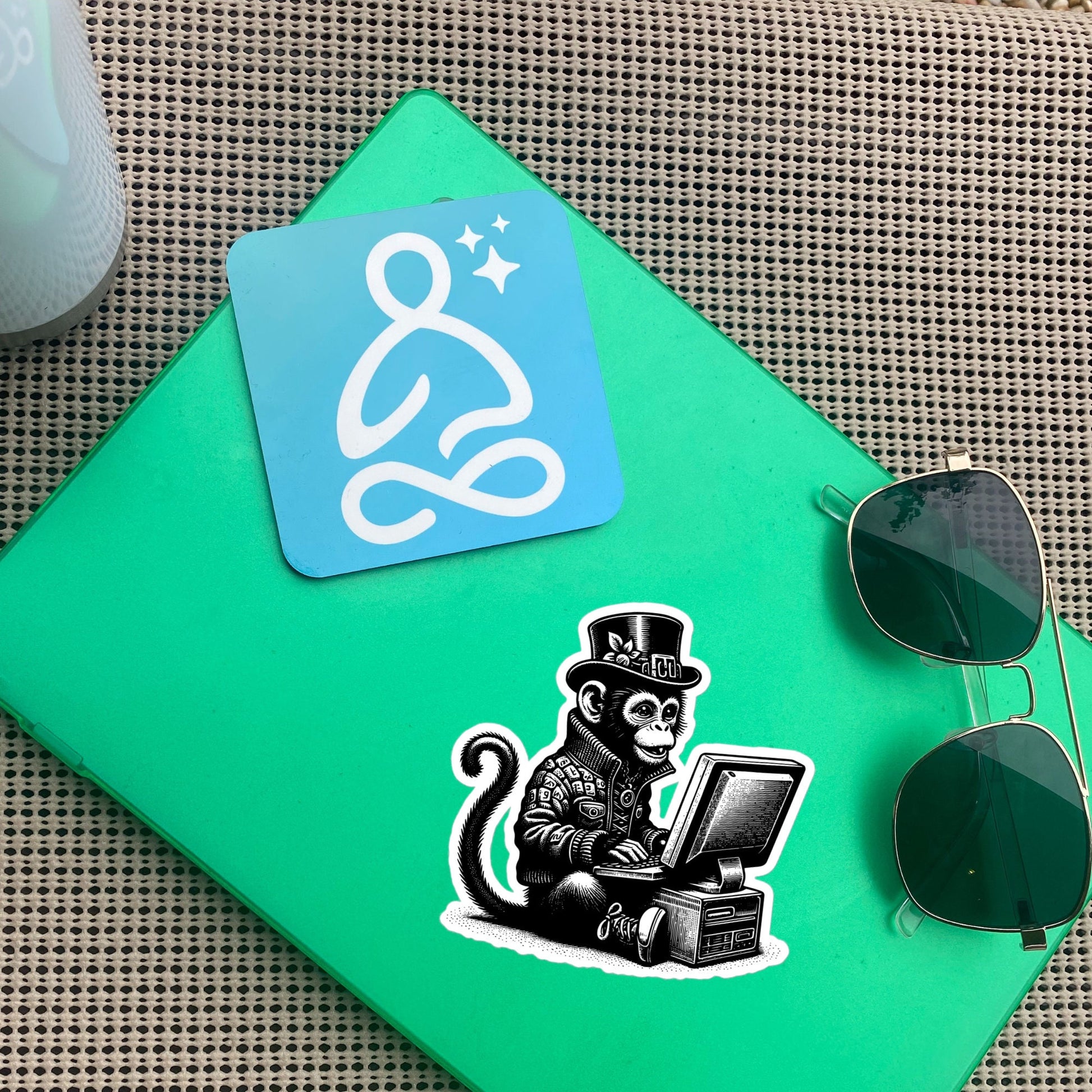 Punk Rock Monkey on Computer Sticker, Cyberpunk Chimp with Tech Sticker, Weirdcore Weird Stuff, Original Steampunk Art Unique Gift