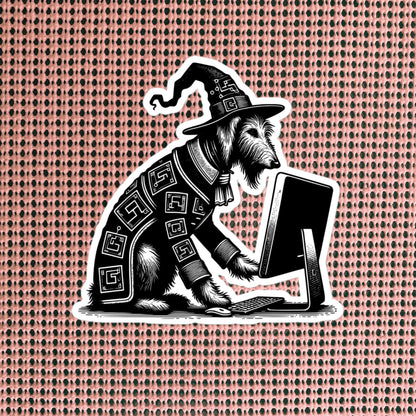 Punk Rock Irish Wolfhound on Computer Sticker, Cyberpunk Dog with Tech Sticker, Weirdcore Weird Stuff, Original Steampunk Art Unique Gift