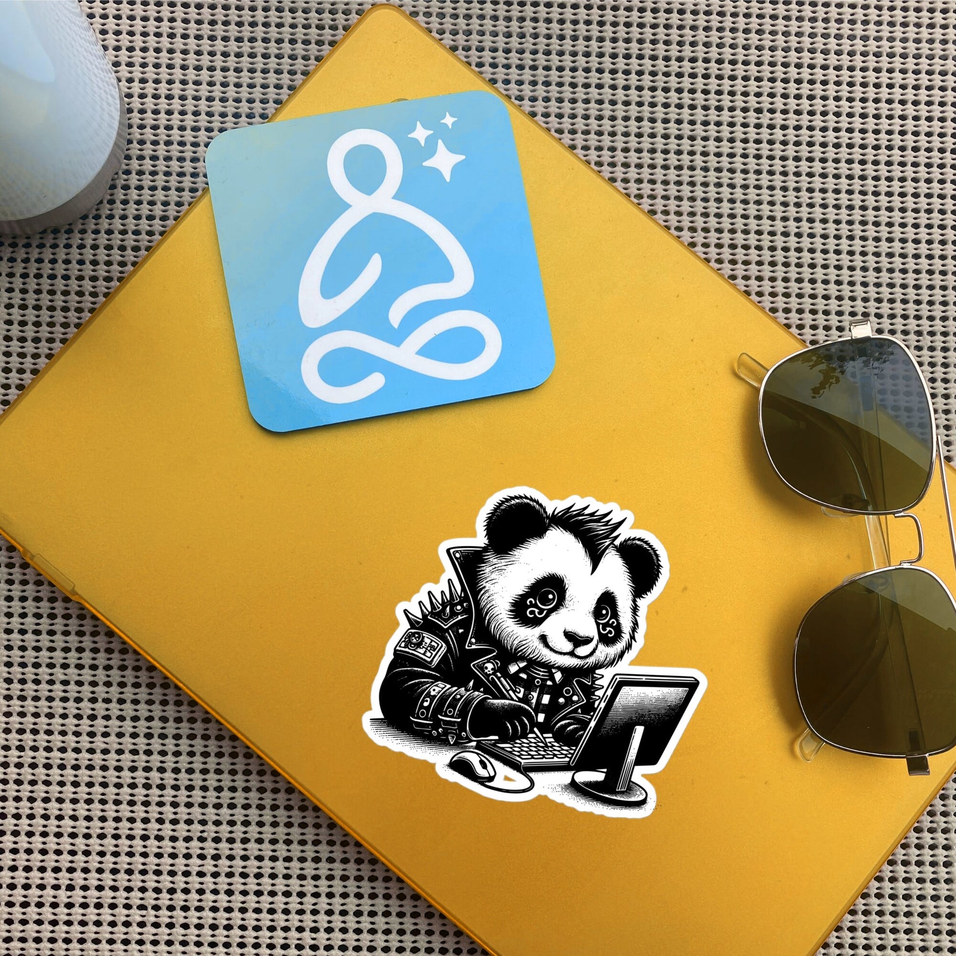 Punk Rock Panda on Computer Sticker, Cyberpunk Bear with Tech Sticker, Weirdcore Weird Stuff, Original Steampunk Art Unique Gift