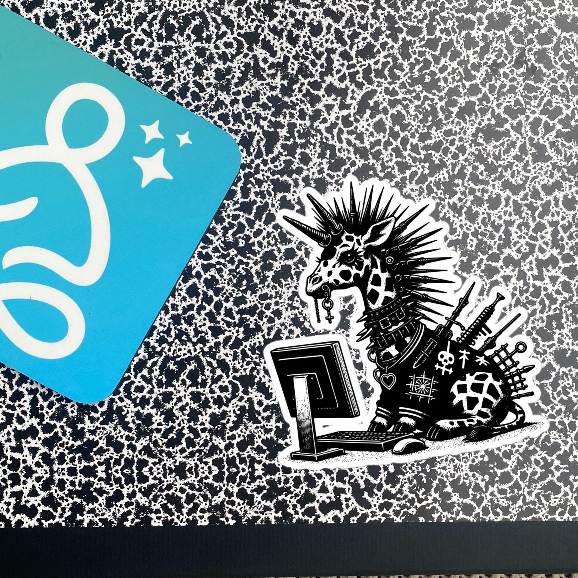 Punk Rock Giraffe on Computer Sticker, Cyberpunk Giraffe with Tech Sticker, Weirdcore Weird Stuff, Original Steampunk Warcore Art