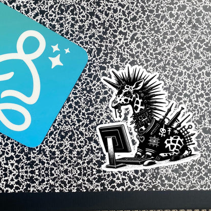 Punk Rock Giraffe on Computer Sticker, Cyberpunk Giraffe with Tech Sticker, Weirdcore Weird Stuff, Original Steampunk Warcore Art
