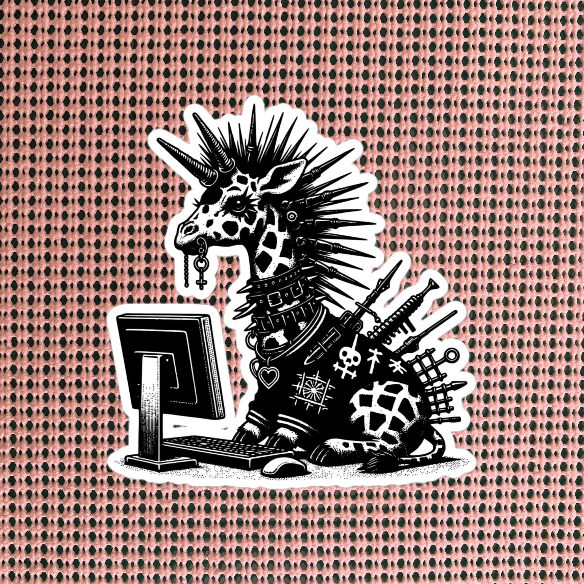 Punk Rock Giraffe on Computer Sticker, Cyberpunk Giraffe with Tech Sticker, Weirdcore Weird Stuff, Original Steampunk Warcore Art