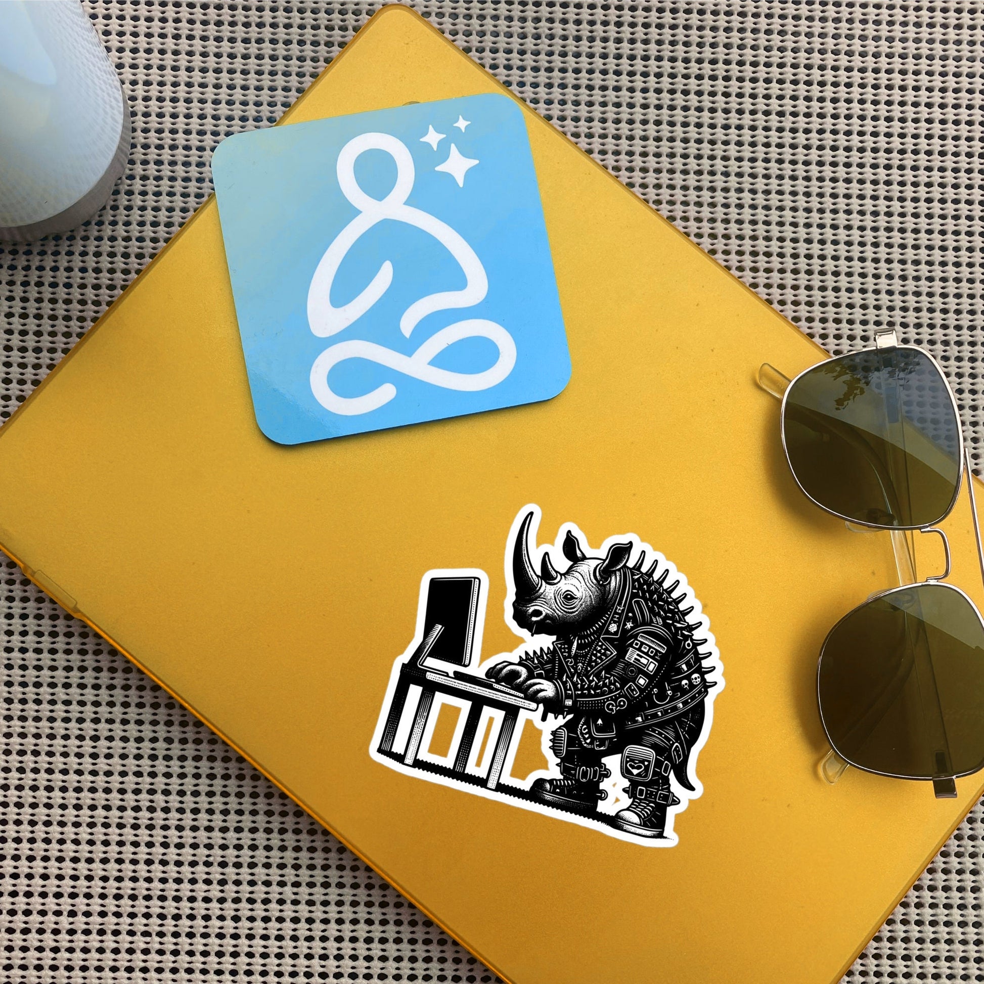 Punk Rock Rhino on Computer Sticker, Cyberpunk Rhinoceros with Tech Sticker, Weirdcore Weird Stuff, Original Steampunk Warcore Art