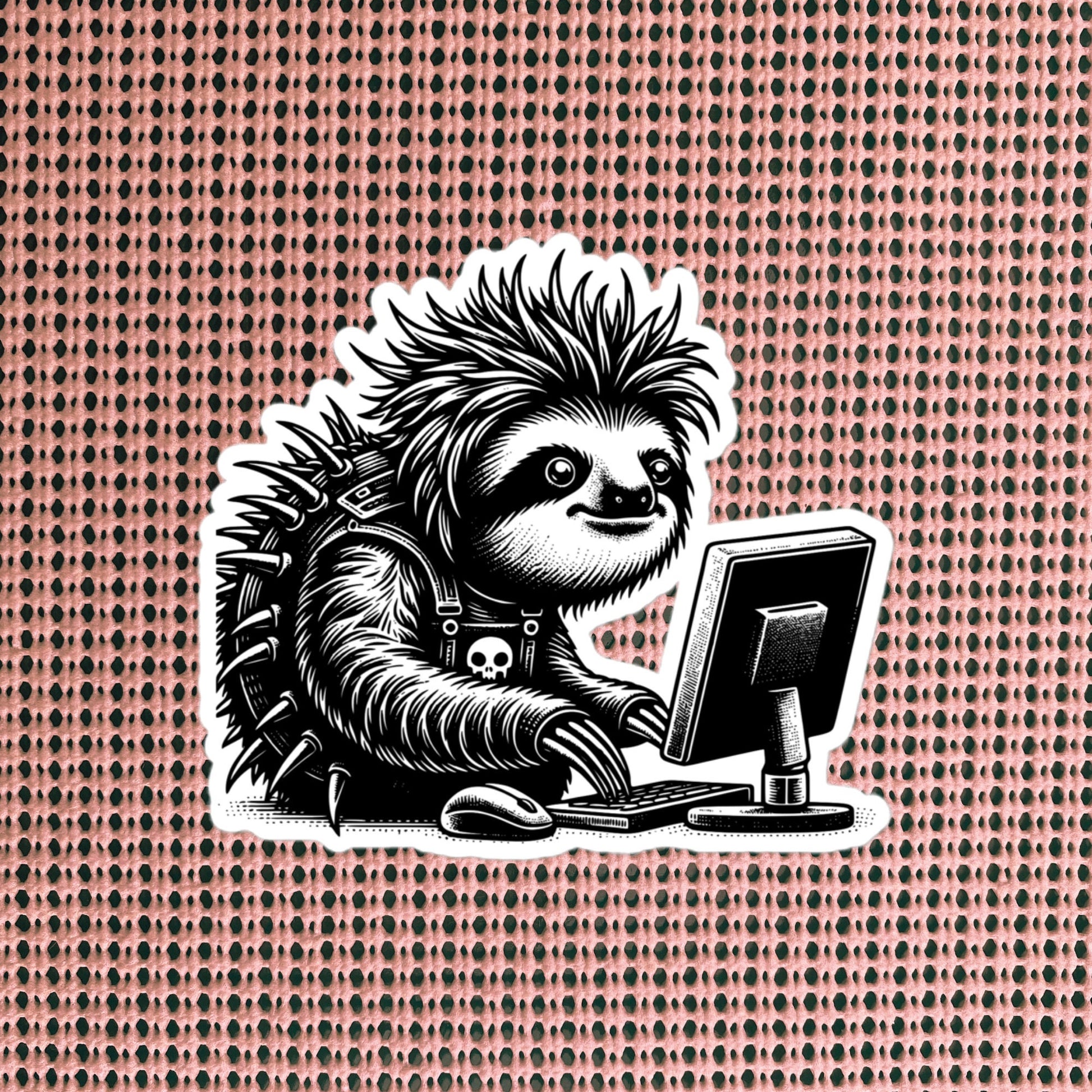 Punk Rock Sloth on Computer Sticker, Cyberpunk Sloth with Tech Sticker, Weirdcore Weird Stuff, Original Steampunk Warcore Art