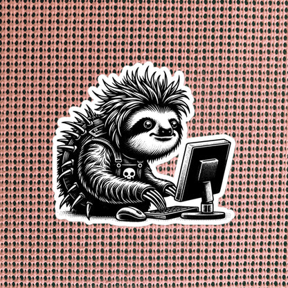 Punk Rock Sloth on Computer Sticker, Cyberpunk Sloth with Tech Sticker, Weirdcore Weird Stuff, Original Steampunk Warcore Art
