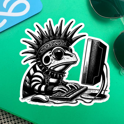 Punk Rock Frog on Computer Sticker, Cyberpunk Frog with Tech Sticker, Weirdcore Weird Stuff, Original Steampunk Warcore Art