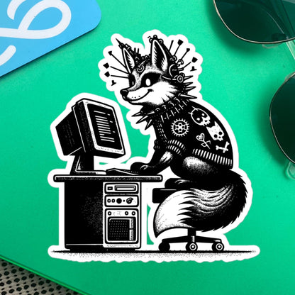 Punk Rock Fox on Computer Sticker, Cyberpunk Fox with Tech Sticker, Weirdcore Weird Stuff, Original Steampunk Warcore Art