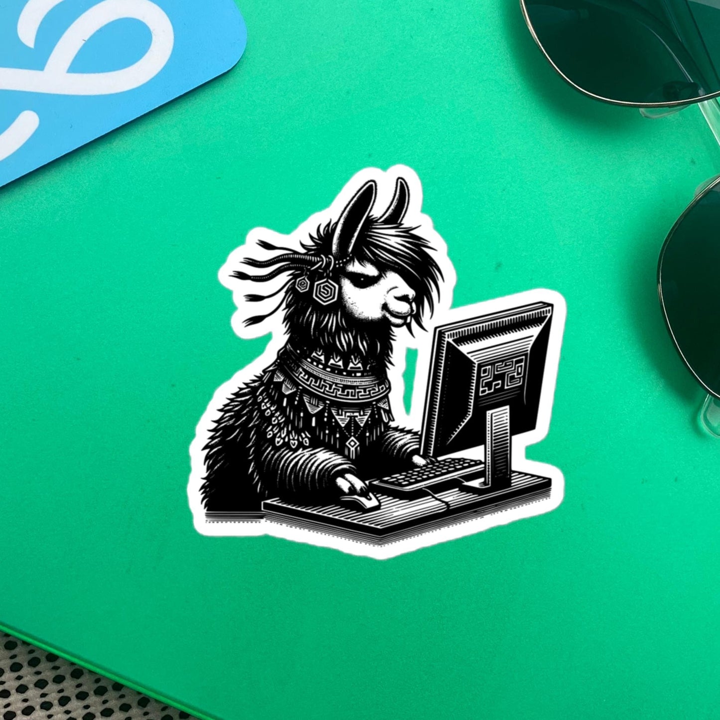 Punk Rock Llama on Computer Sticker, Cyberpunk Llama with Tech Sticker, Weirdcore Weird Stuff, Original Steampunk Warcore Art