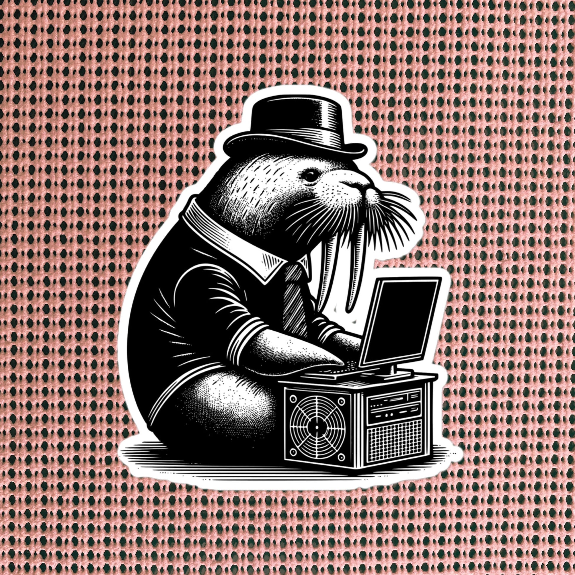 Punk Rock Walrus on Computer Sticker, Cyberpunk Walrus with Tech Sticker, Weirdcore Weird Stuff, Original Steampunk Warcore Art
