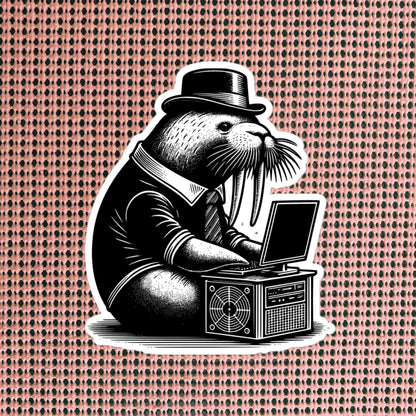 Punk Rock Walrus on Computer Sticker, Cyberpunk Walrus with Tech Sticker, Weirdcore Weird Stuff, Original Steampunk Warcore Art
