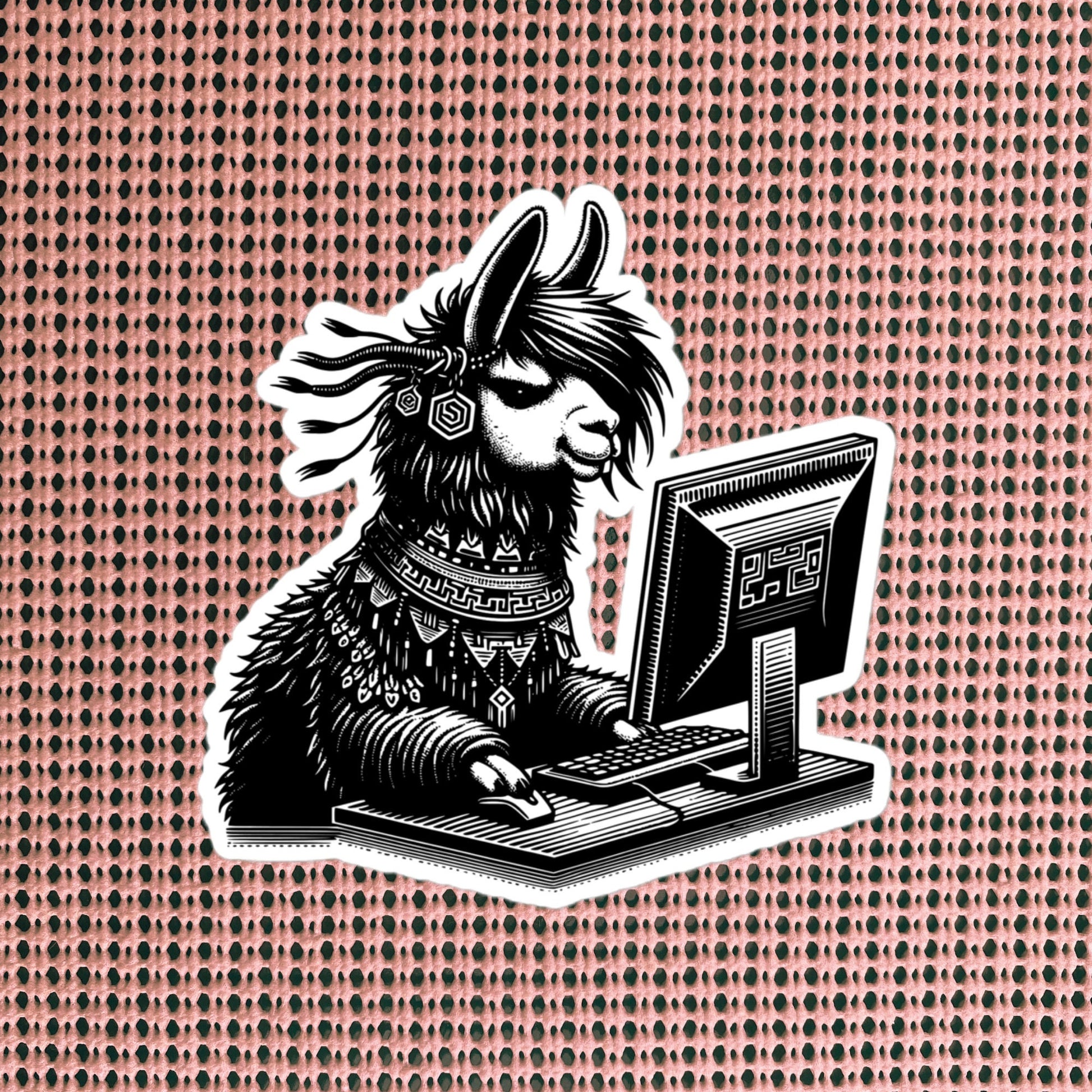 Punk Rock Llama on Computer Sticker, Cyberpunk Llama with Tech Sticker, Weirdcore Weird Stuff, Original Steampunk Warcore Art