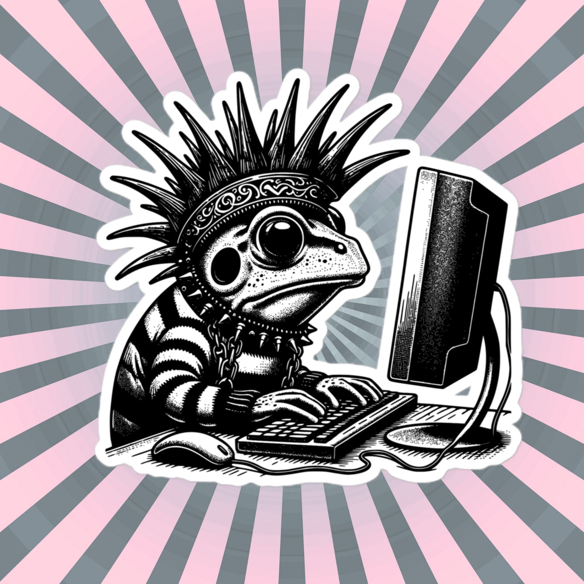 Punk Rock Frog on Computer Sticker, Cyberpunk Frog with Tech Sticker, Weirdcore Weird Stuff, Original Steampunk Warcore Art