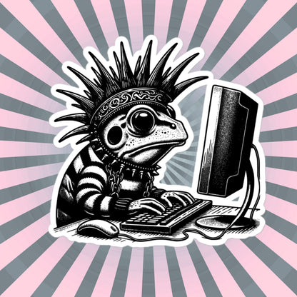 Punk Rock Frog on Computer Sticker, Cyberpunk Frog with Tech Sticker, Weirdcore Weird Stuff, Original Steampunk Warcore Art