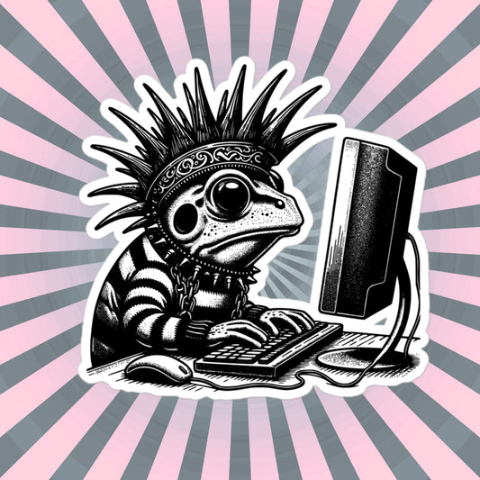 Punk Rock Frog on Computer Sticker, Cyberpunk Frog with Tech Sticker, Weirdcore Weird Stuff, Original Steampunk Warcore Art