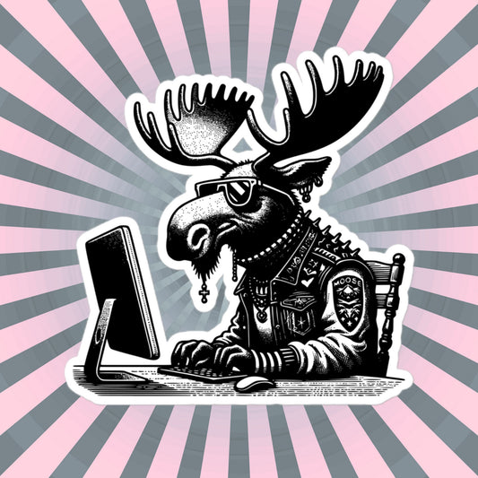 Punk Rock Moose on Computer Sticker, Cyberpunk Moose with Tech Sticker, Weirdcore Weird Stuff, Original Steampunk Warcore Art