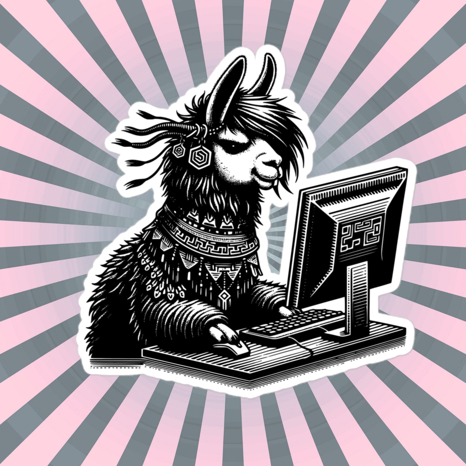 Punk Rock Llama on Computer Sticker, Cyberpunk Llama with Tech Sticker, Weirdcore Weird Stuff, Original Steampunk Warcore Art