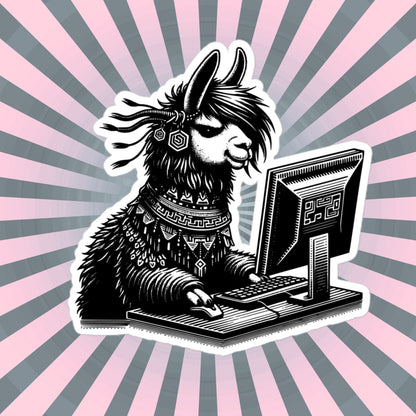 Punk Rock Llama on Computer Sticker, Cyberpunk Llama with Tech Sticker, Weirdcore Weird Stuff, Original Steampunk Warcore Art
