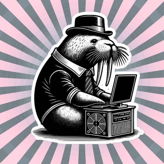 Punk Rock Walrus on Computer Sticker, Cyberpunk Walrus with Tech Sticker, Weirdcore Weird Stuff, Original Steampunk Warcore Art