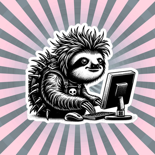 Punk Rock Sloth on Computer Sticker, Cyberpunk Sloth with Tech Sticker, Weirdcore Weird Stuff, Original Steampunk Warcore Art
