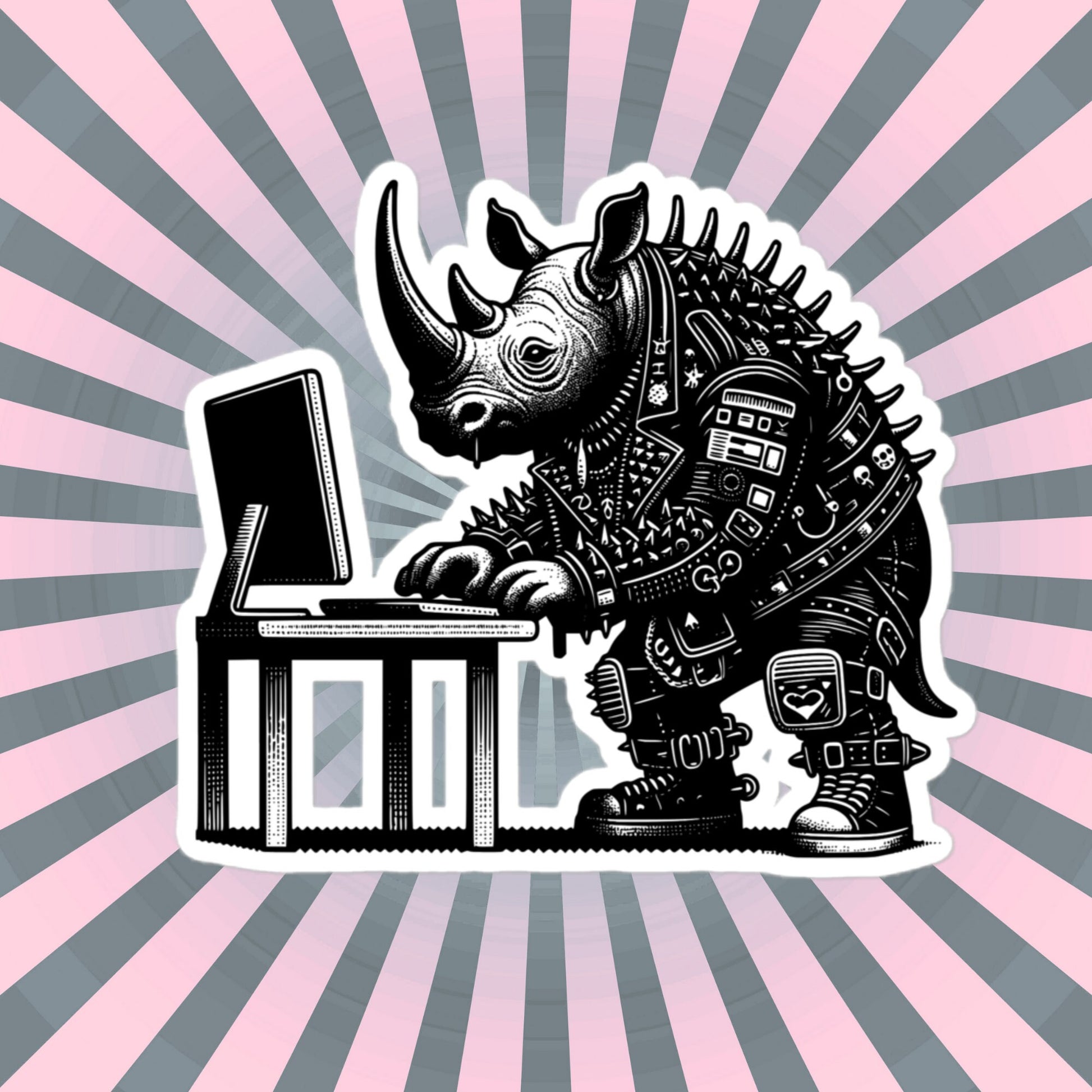 Punk Rock Rhino on Computer Sticker, Cyberpunk Rhinoceros with Tech Sticker, Weirdcore Weird Stuff, Original Steampunk Warcore Art