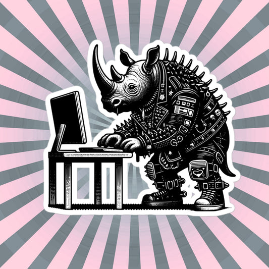 Punk Rock Rhino on Computer Sticker, Cyberpunk Rhinoceros with Tech Sticker, Weirdcore Weird Stuff, Original Steampunk Warcore Art