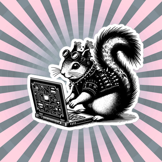 Punk Rock Squirrel on Computer Sticker, Cyberpunk Squirrel with Tech Sticker, Weirdcore Weird Stuff, Original Steampunk Warcore Art