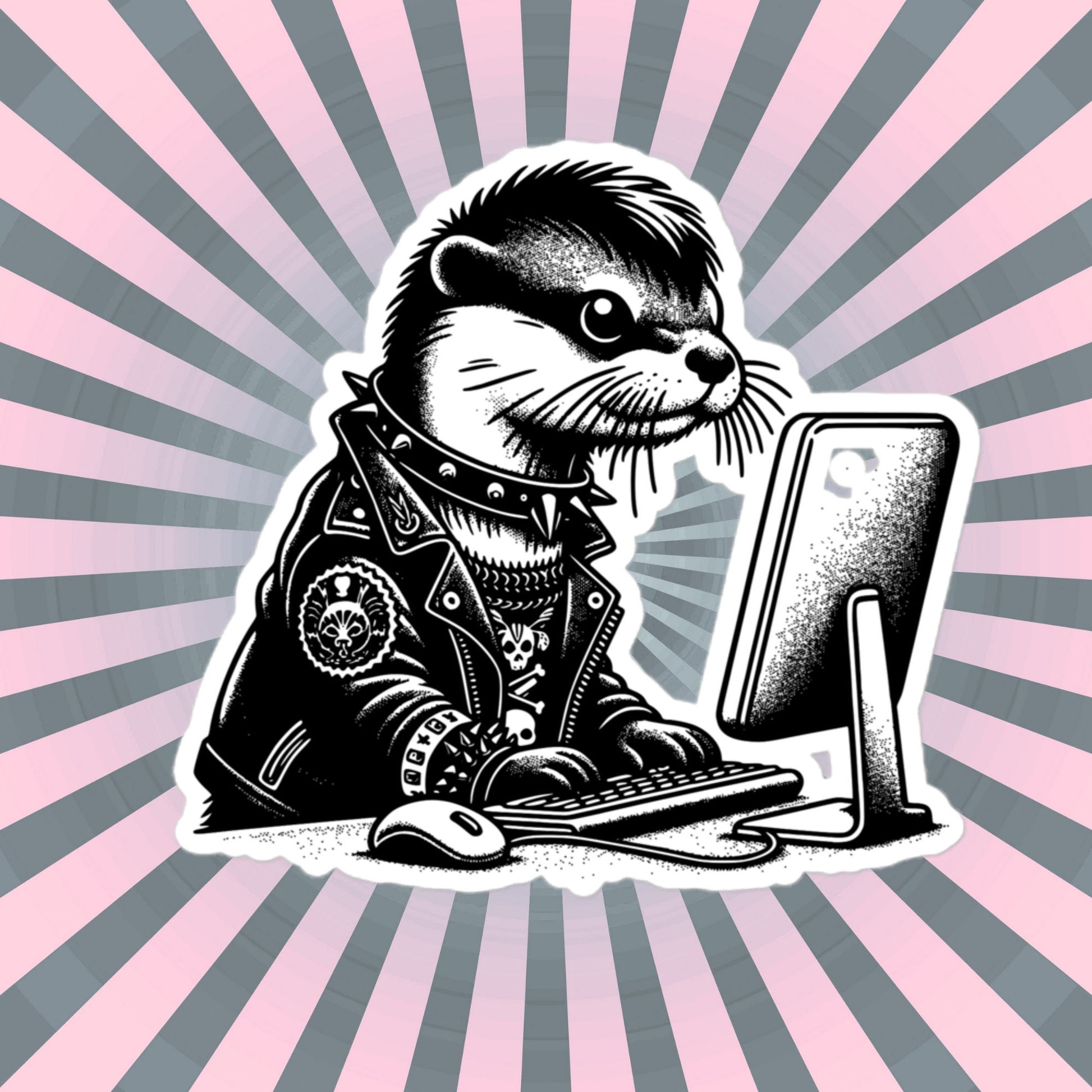 Punk Rock Otter on Computer Sticker, Cyberpunk Otter with Tech Sticker, Weirdcore Weird Stuff, Original Steampunk Warcore Art