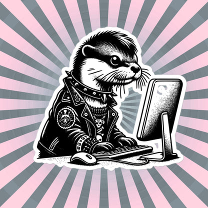 Punk Rock Otter on Computer Sticker, Cyberpunk Otter with Tech Sticker, Weirdcore Weird Stuff, Original Steampunk Warcore Art