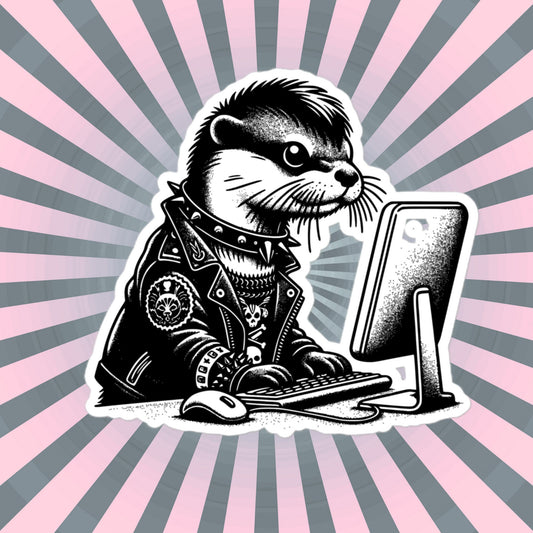 Punk Rock Otter on Computer Sticker, Cyberpunk Otter with Tech Sticker, Weirdcore Weird Stuff, Original Steampunk Warcore Art