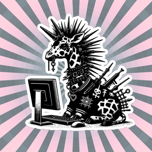 Punk Rock Giraffe on Computer Sticker, Cyberpunk Giraffe with Tech Sticker, Weirdcore Weird Stuff, Original Steampunk Warcore Art