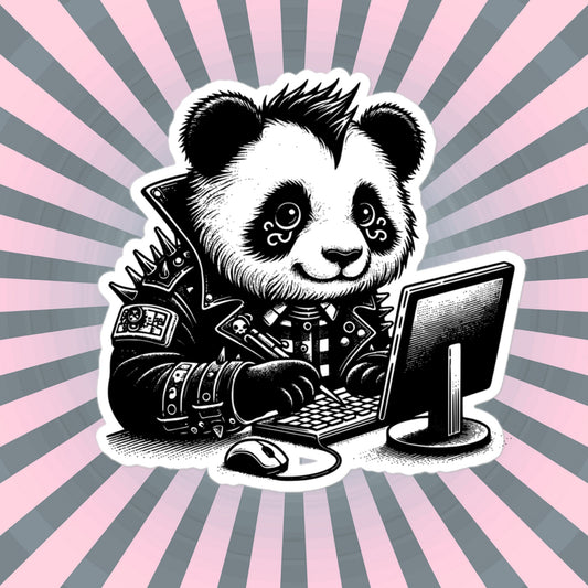 Punk Rock Panda on Computer Sticker, Cyberpunk Bear with Tech Sticker, Weirdcore Weird Stuff, Original Steampunk Art Unique Gift