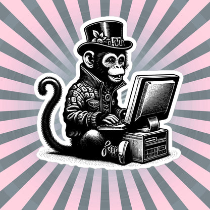 Punk Rock Monkey on Computer Sticker, Cyberpunk Chimp with Tech Sticker, Weirdcore Weird Stuff, Original Steampunk Art Unique Gift