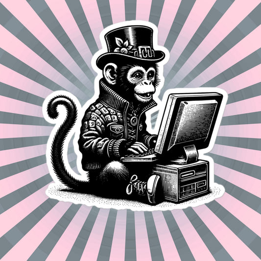 Punk Rock Monkey on Computer Sticker, Cyberpunk Chimp with Tech Sticker, Weirdcore Weird Stuff, Original Steampunk Art Unique Gift
